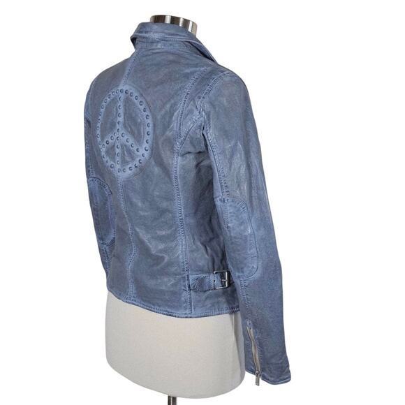 Mauritius Maysie Peace Distressed  Leather Jacket Blue Size M/8 - Picture 5 of 13